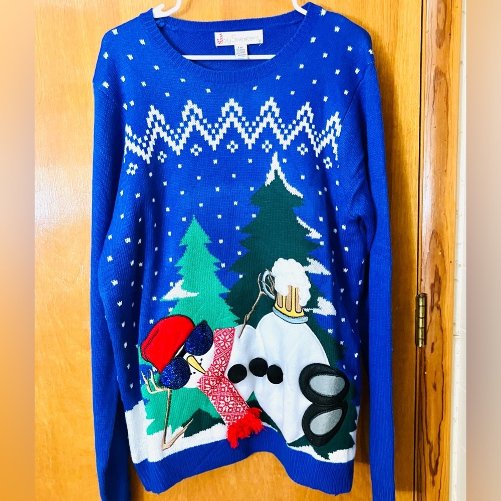 Jolly Sweaters Men’s L Snowman Ugly Christmas Sweater Acrylic Crew Neck Blue